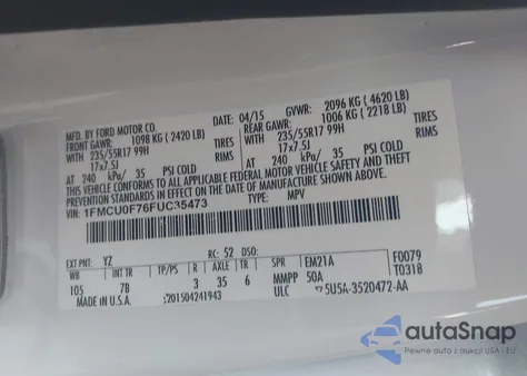 2015 Ford Escape S z USA, uszkodzony, nr VIN 1FMCU0F76FUC35473